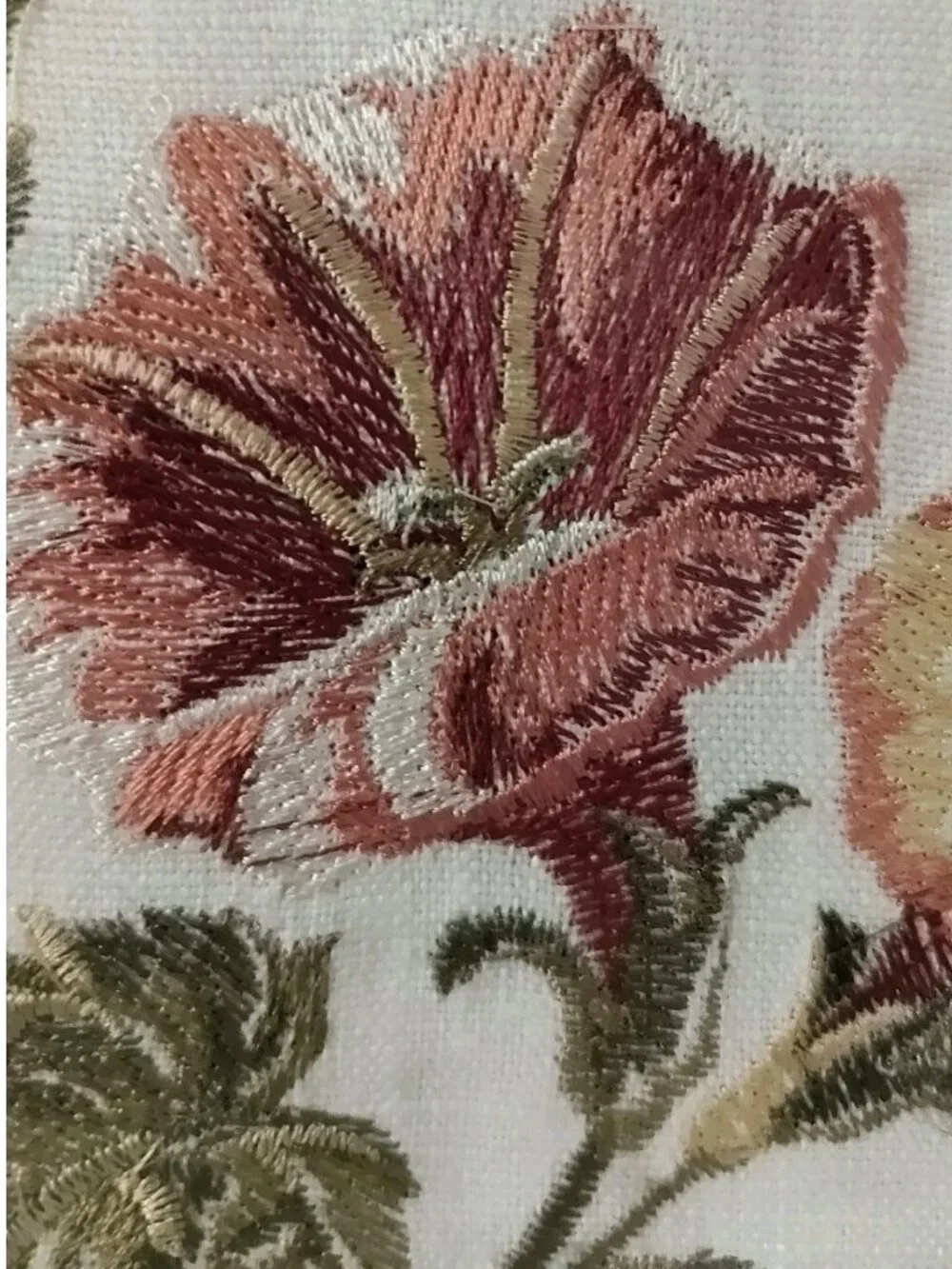 Vintage Embroidered Floral Fabric Art 1980s Curtain Sample Framed Botanical